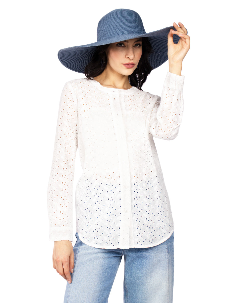 Blusas Para Mujer Manga Larga Cuello Redondo Bordada N31146 Blanco