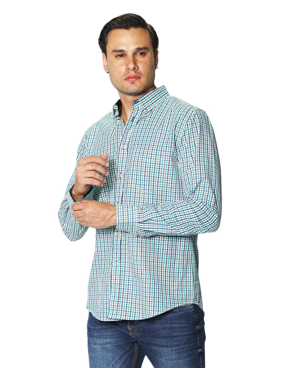 Camisas Para Hombre Manga Larga Cuadros Bicolor B45203 Verde