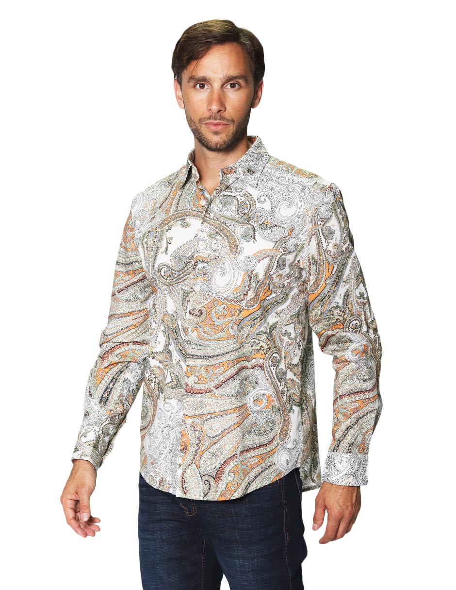 Camisas Para Hombre Manga Larga Estampado Paisley B45503 Blanco