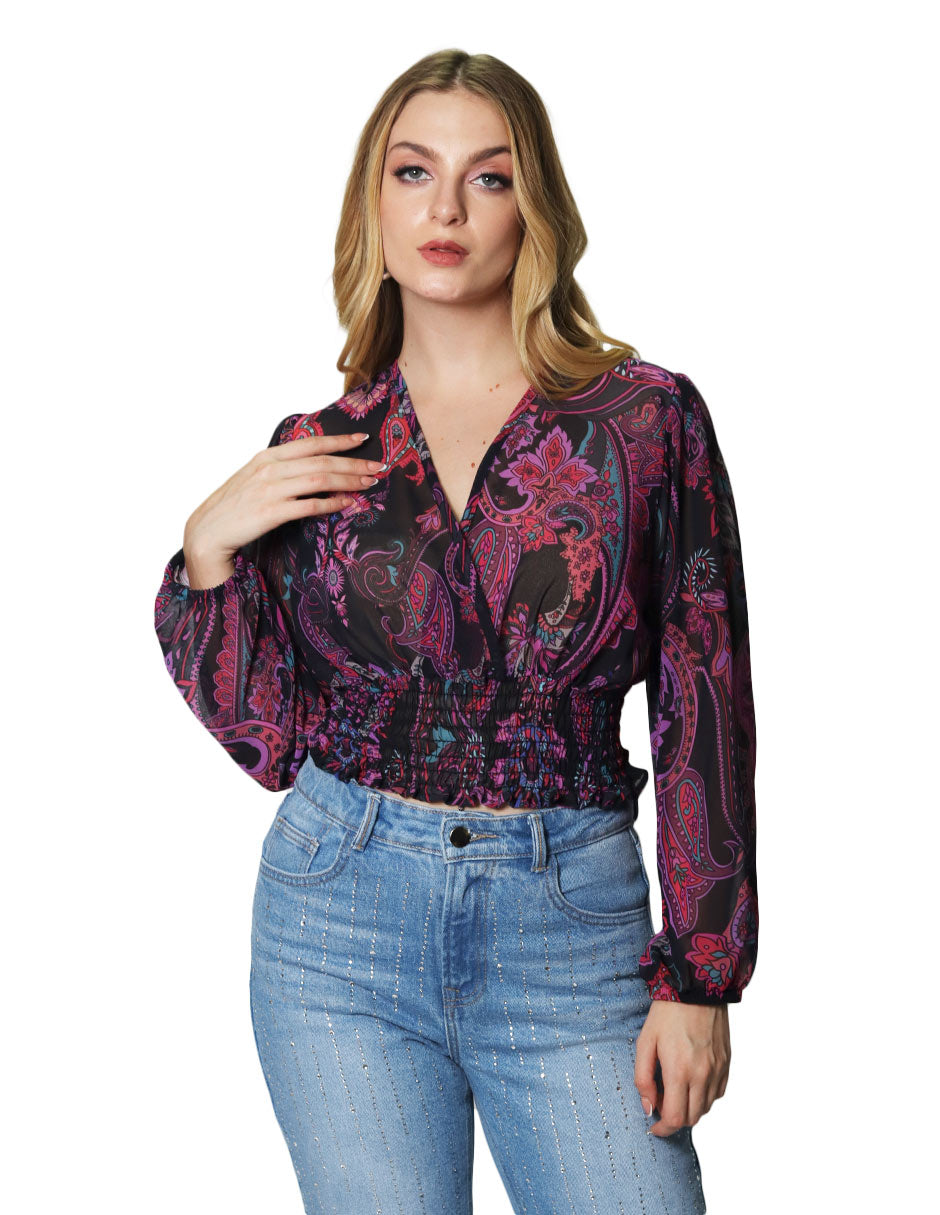 Blusas Para Mujer Manga Larga Chiffon Estampado Paisley N43103 Morado