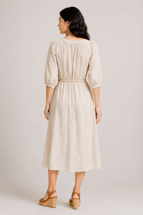 Vestidos Para Mujer Manga Ranglan Bordado Con Cinto S61119 Natural