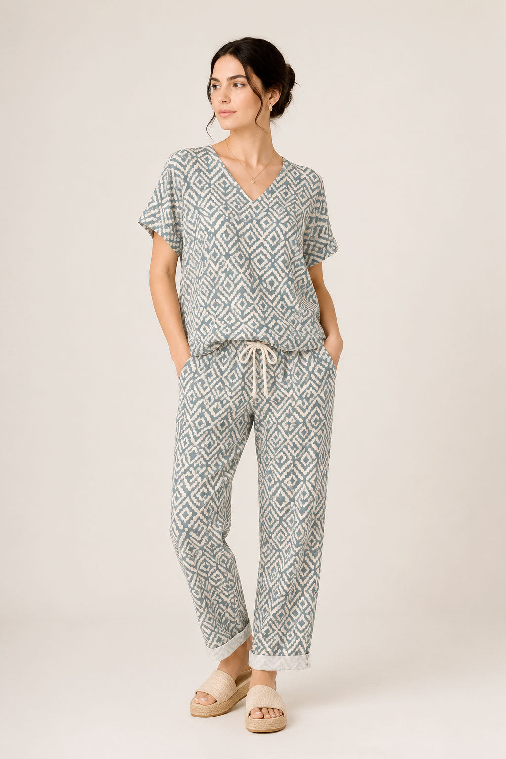 Pantalones Para Mujer Con Resorte y Jareta Étnico W61125 Azul