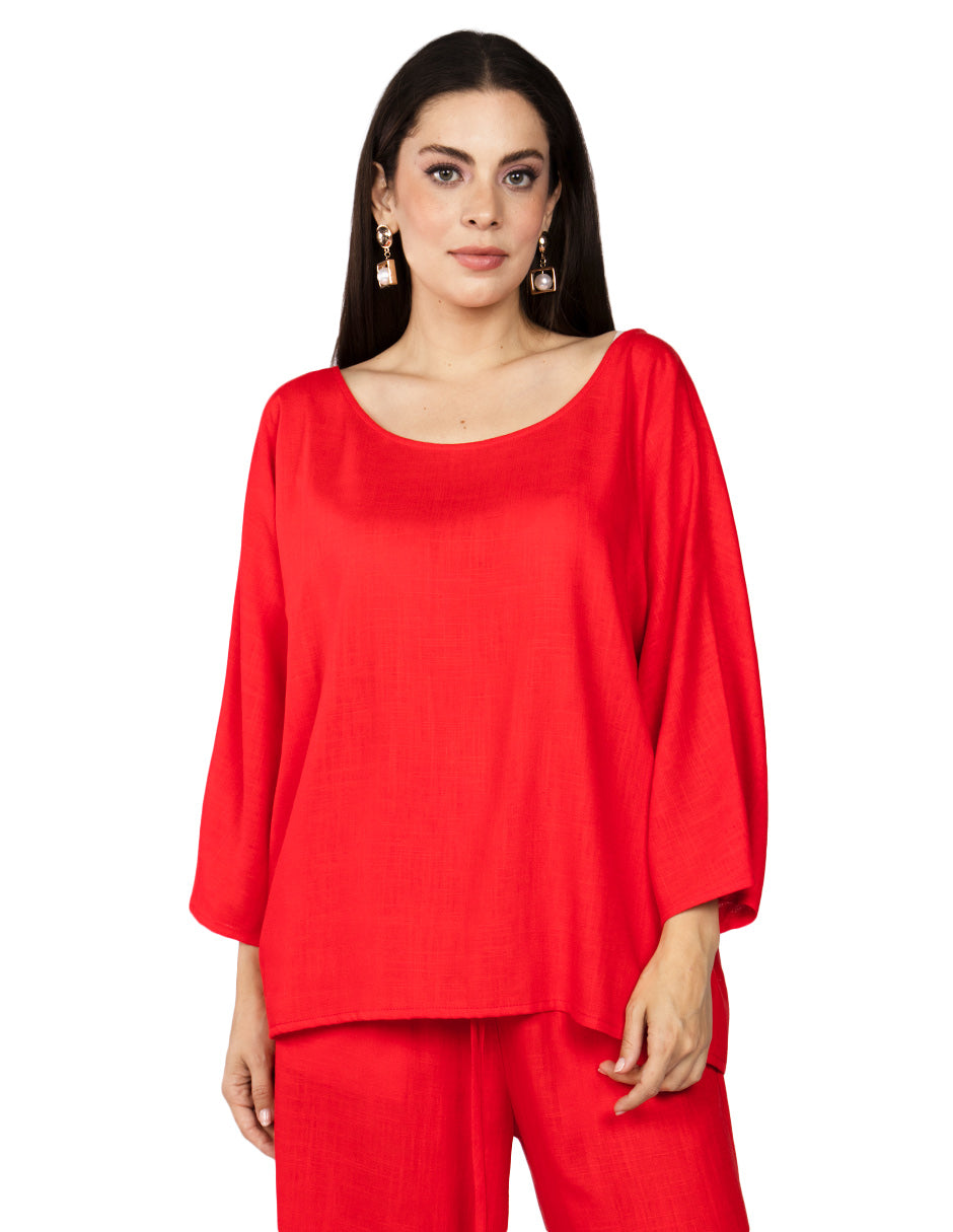 Blusas Para Mujer Bluson Manga 3/4 Tipo Lino N51147 Rojo
