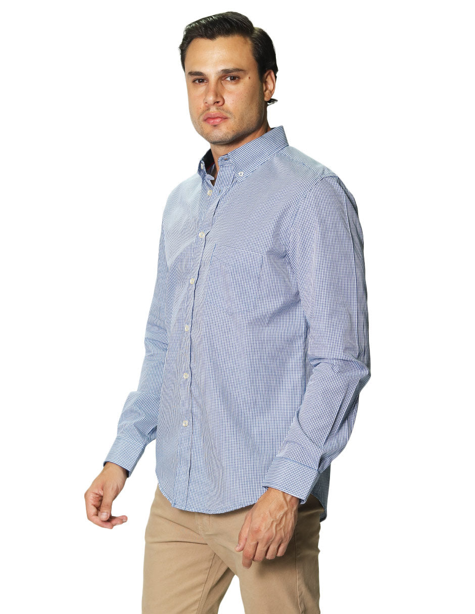 Camisas Para Hombre Manga Larga Micro Cuadros B45202 Azul