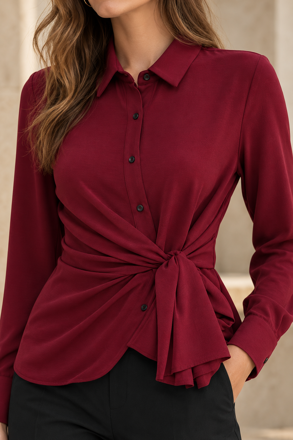 Blusas Para Mujer Tipo Camisa, Botones Frontales Y Diseño Cruzado Con Amarre N63133 Vino