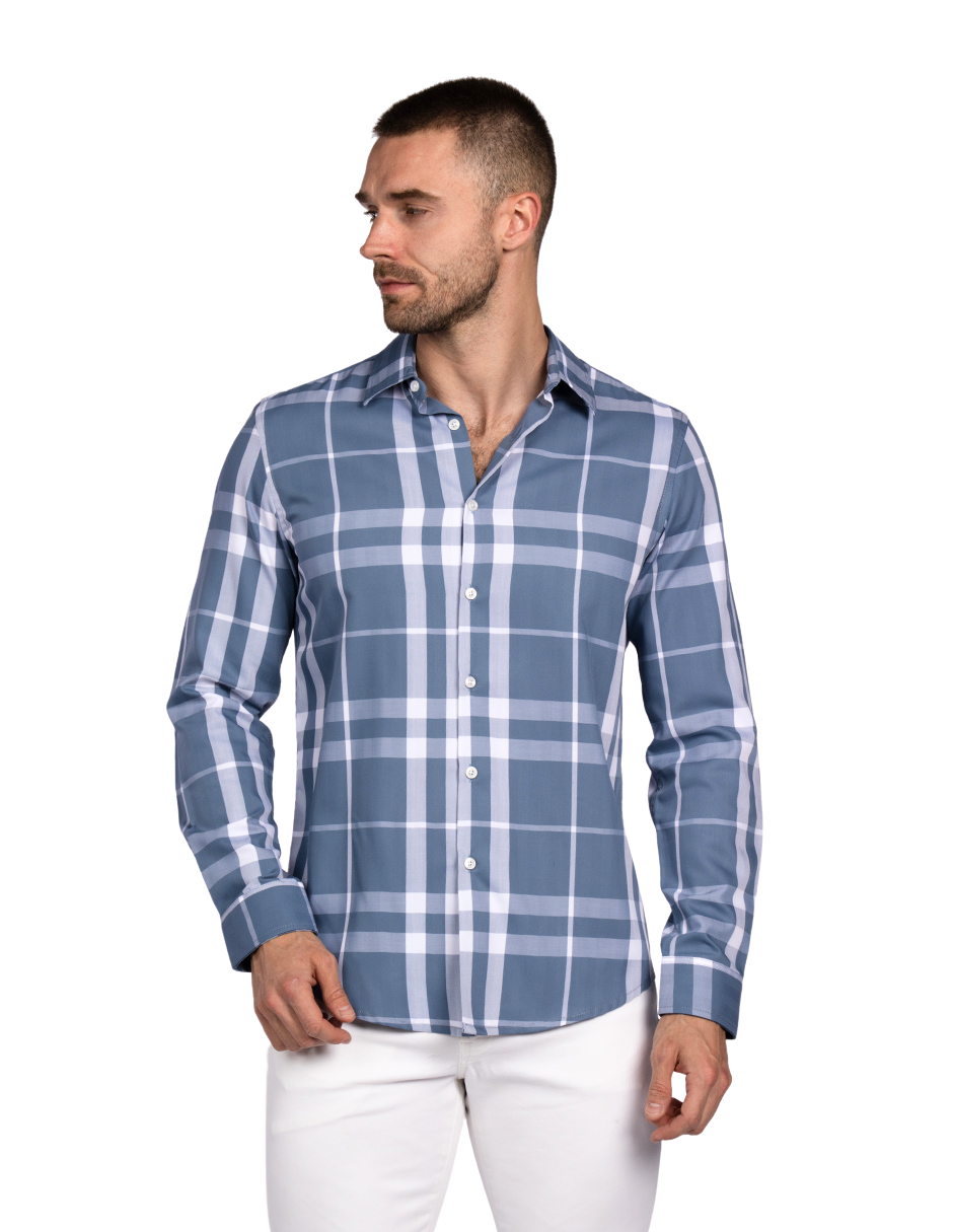 Camisas Para Hombre Bambú Manga Larga B51339 Azul