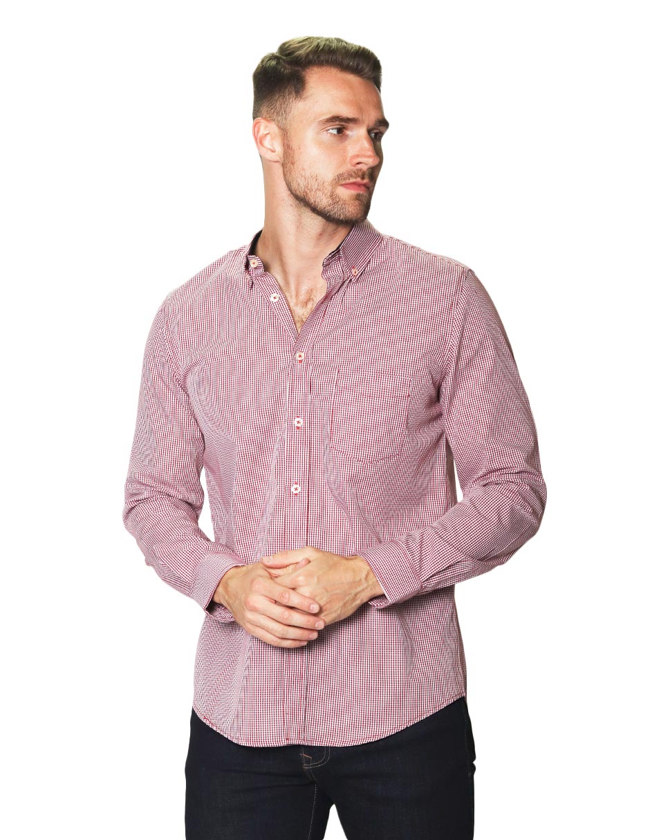 Camisas Para Hombre Manga Larga Micro Cuadros B45202 Vino