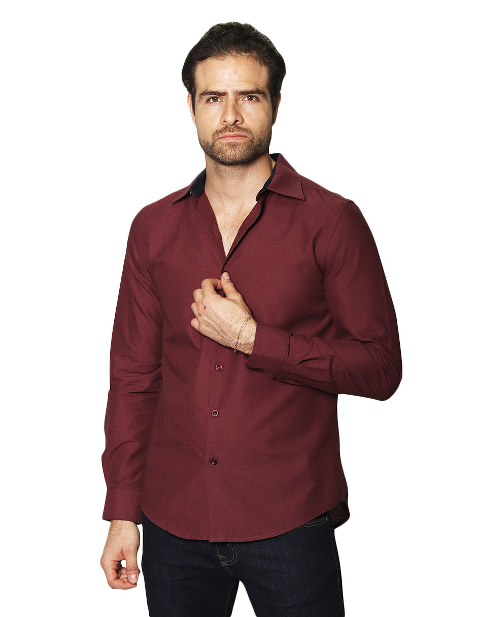 Camisas Para Hombre Manga Larga Mate Textura B45301 Vino