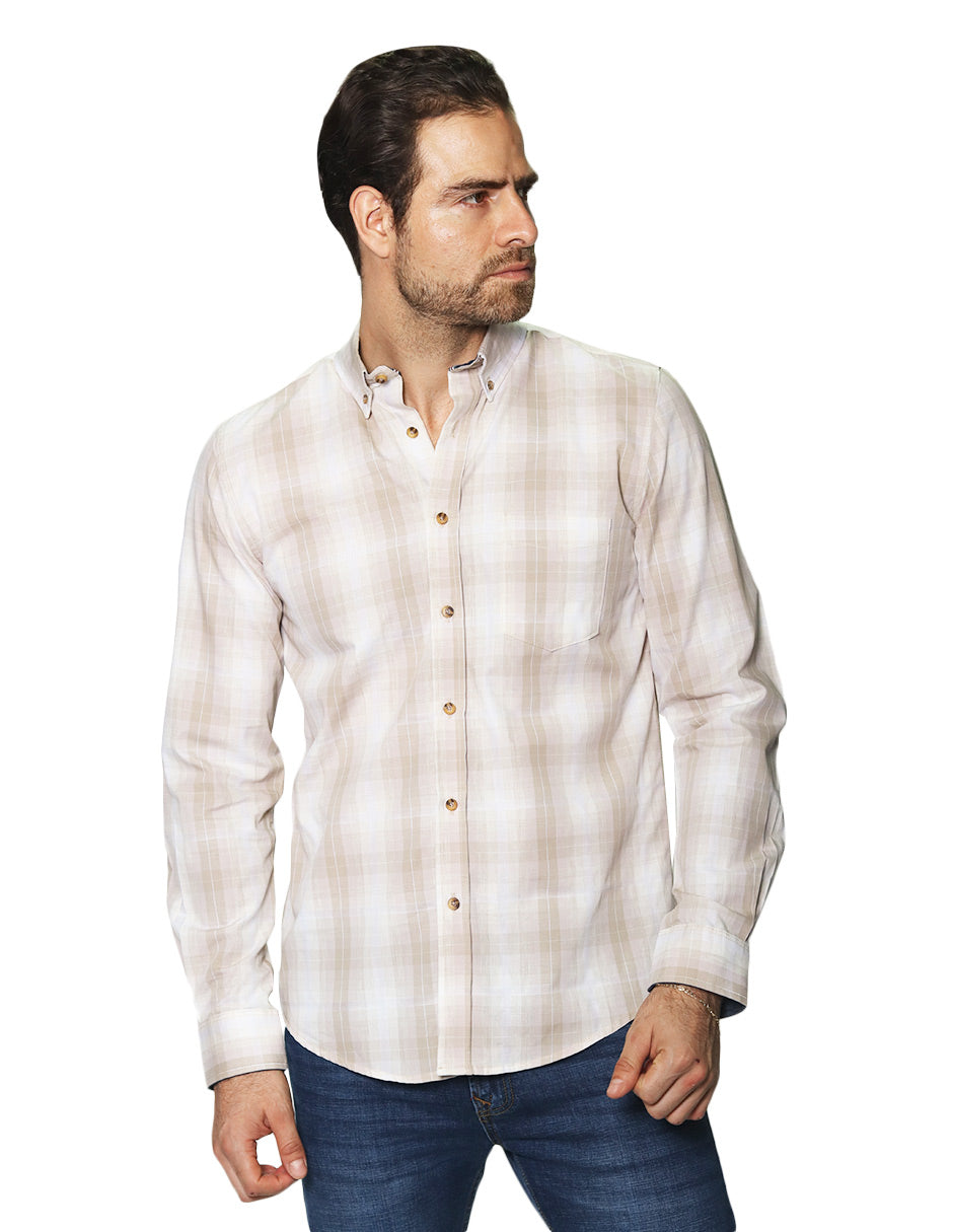 Camisas Para Hombre Manga Larga Cuadros B45103 Beige