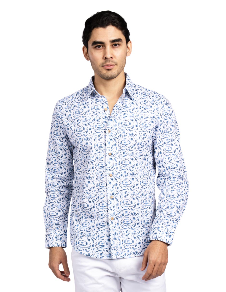 Camisas Para Hombre Estampada Tipo Lino B51326 Azul