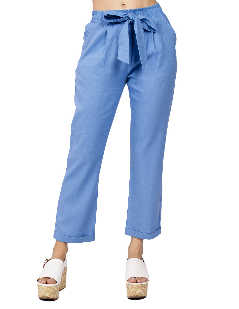 Pantalones Para Mujer Tipo Lino Con Cinta W51102 Azul