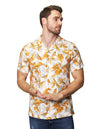 Camisas Para Hombre Bobois Moda Casuales De Manga Corta Tipo Lino Con Estampado De Hojas Relaxed Fit B41573 Ocre