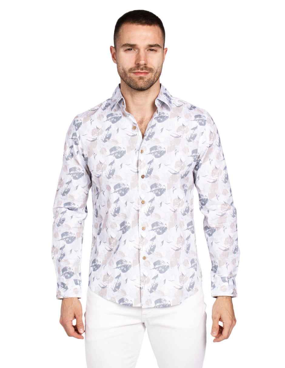 Camisas Para Hombre Estampada Tipo Lino B51328 Beige