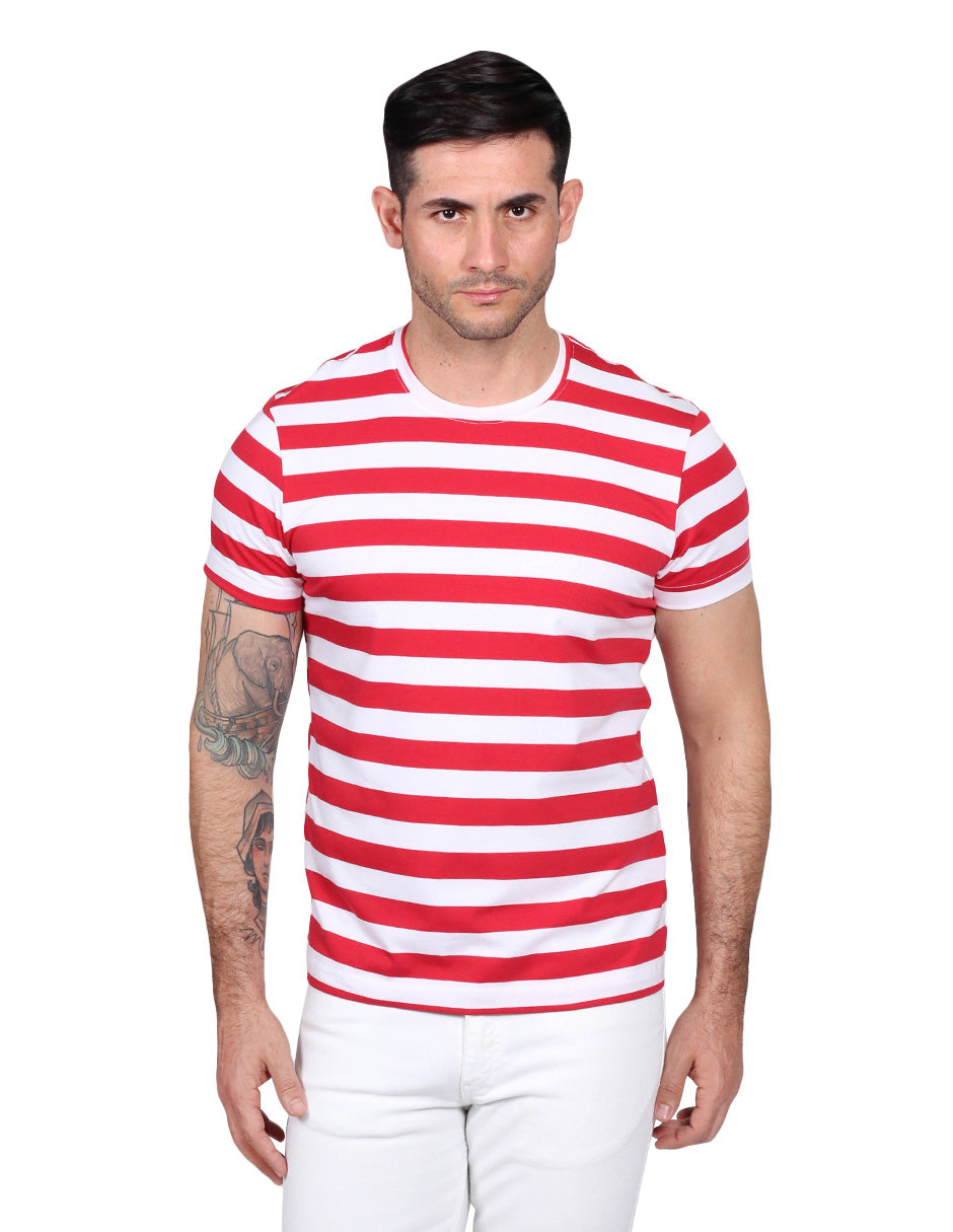 Playeras Para Hombre De Manga Corta Con Estampado De Rayas A41112 Rojo