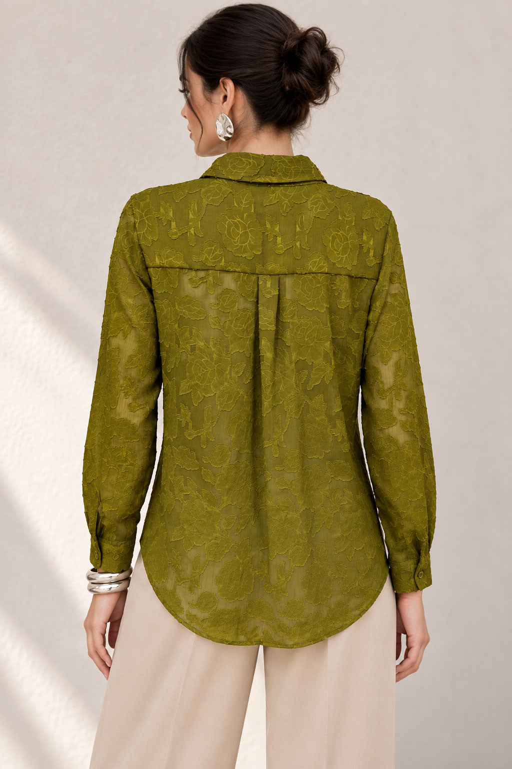 Blusas Para Mujer Jacquard Con Transparencia Y Diseño Floral N63107 Verde
