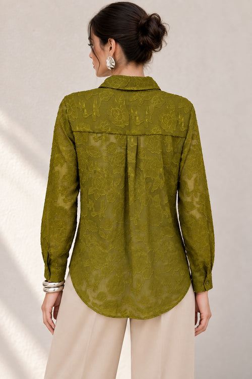 Blusas Para Mujer Jacquard Con Transparencia Y Diseño Floral N63107 Verde