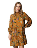 Vestidos Para Mujer Bobois Moda Casuales Tipo Smok Midi Corto De Manga Larga Cuello Alto Con Estampado De Flores S33123 Ocre