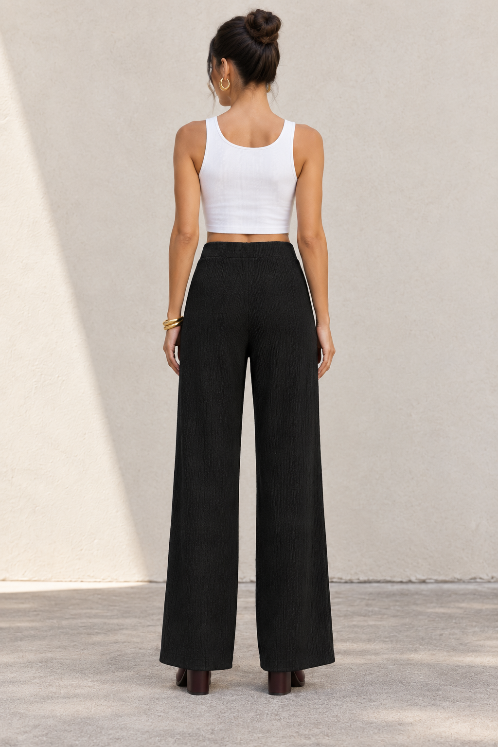 Pantalones Para Mujer De Tejido Texturizado Corte Recto Y Cintura Alta W63120 Negro