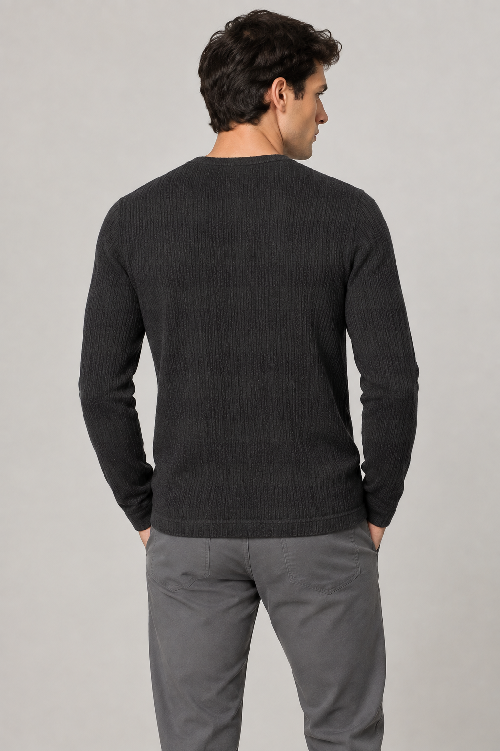 Playeras Para Hombre De Tejido Calado Acanalado Manga Larga A65314 Negro