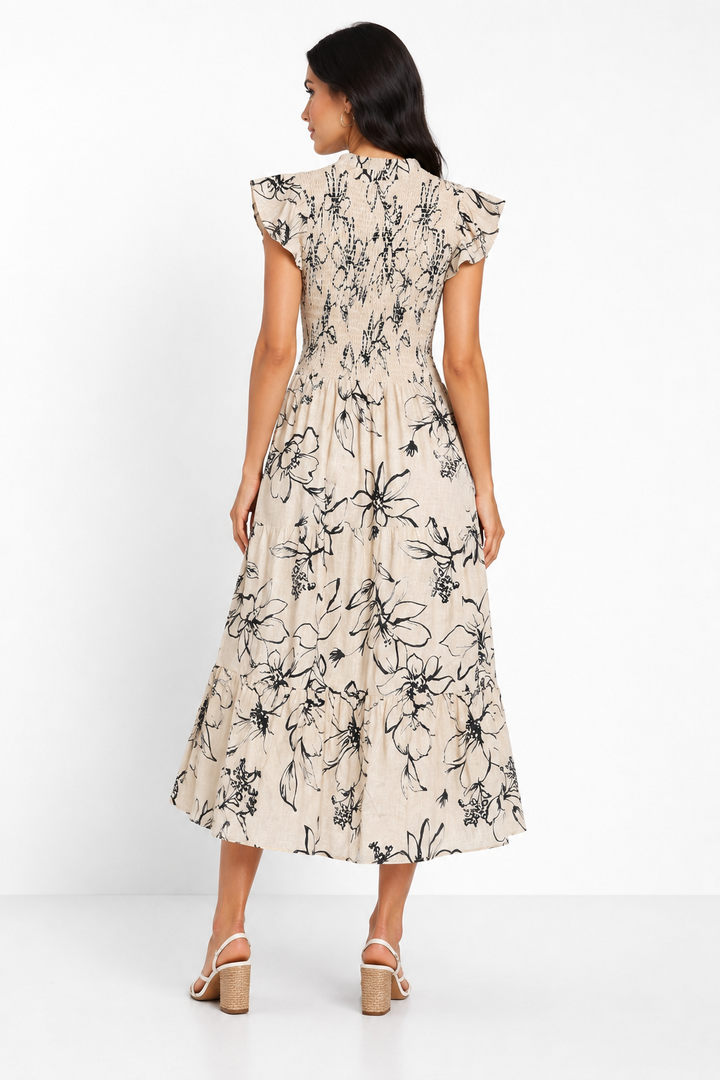 Vestidos Para Mujer Smok Con Olanes Estampado S61103 Hueso/Negro