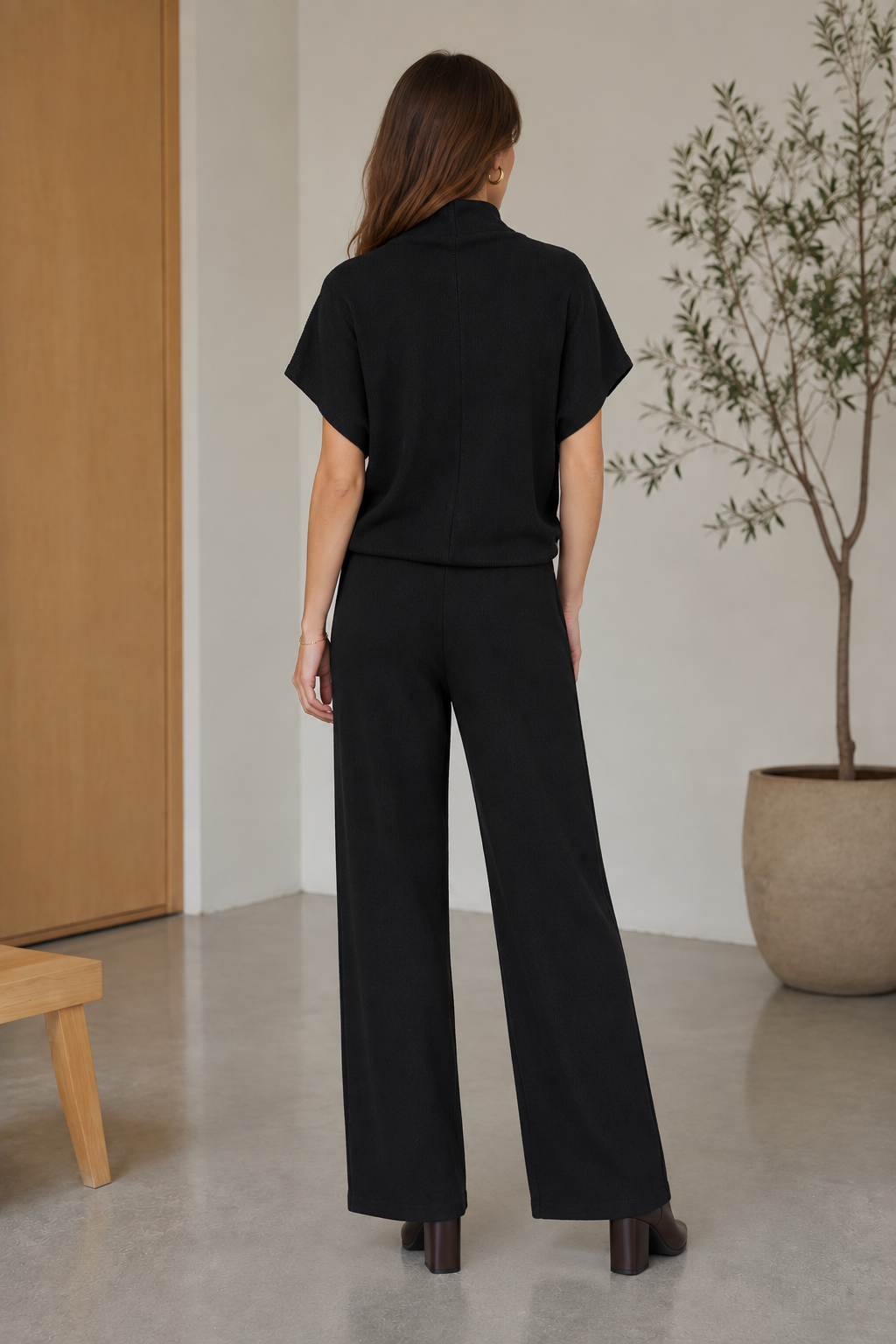 Blusas Para Mujer De Tejido Texturizado Con Cuello Alto Tipo Murciélago N63125 Negro