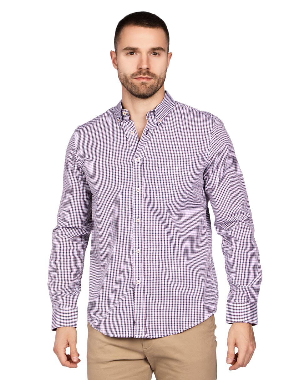 Camisas Para Hombre Manga Larga Micro Cuadros B45212 Vino