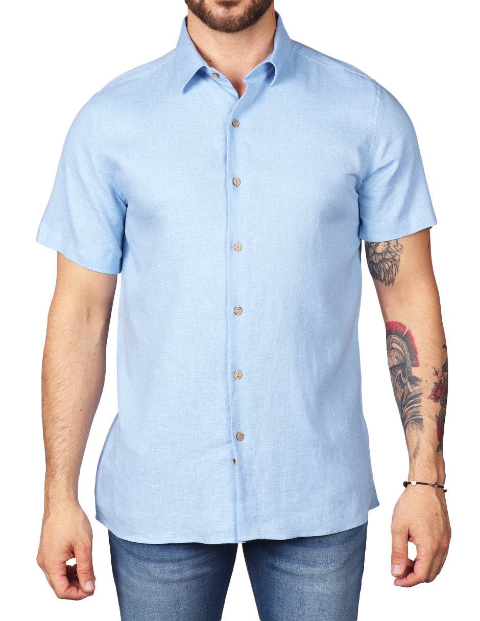 Camisas Para Hombre Estilo Lino Liso B51372 Azul