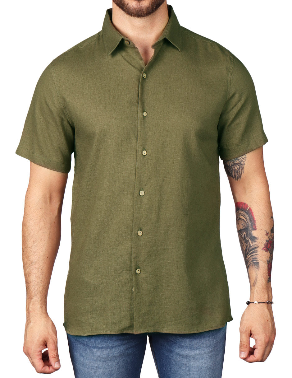 Camisas Para Hombre Estilo Lino Liso B51372 Olivo