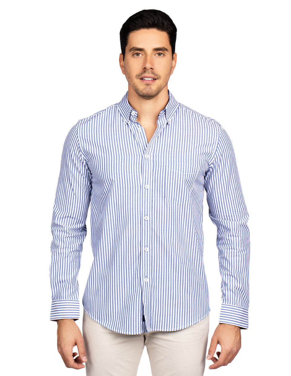 Camisas Para Hombre Manga Larga Rayas B45211 Azul