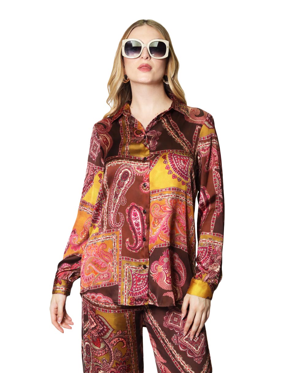 Blusas Para Mujer Camisera Satinada Estampado Paisley N43117 Unico