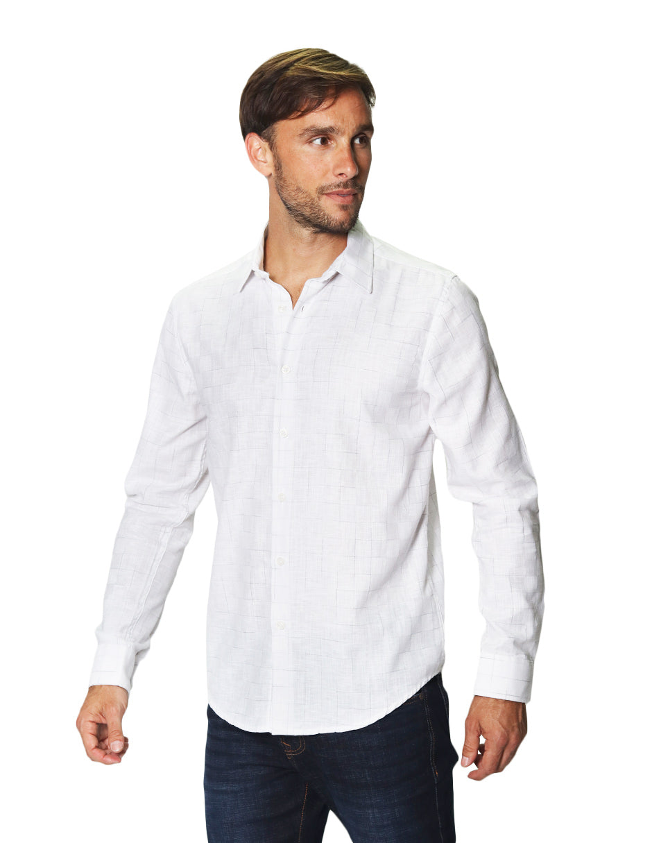 Camisas Para Hombre Manga Larga Cuadros B45302 Blanco