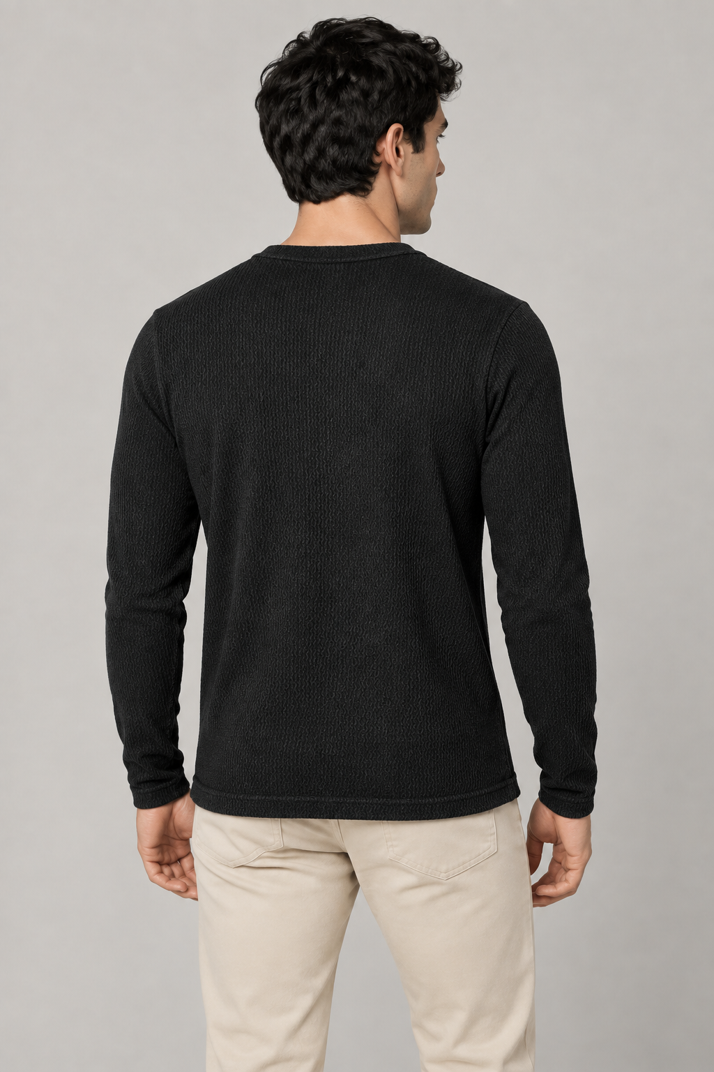 Playeras Para Hombre De Tejido Acanalado Con Manga Larga A65313 Negro