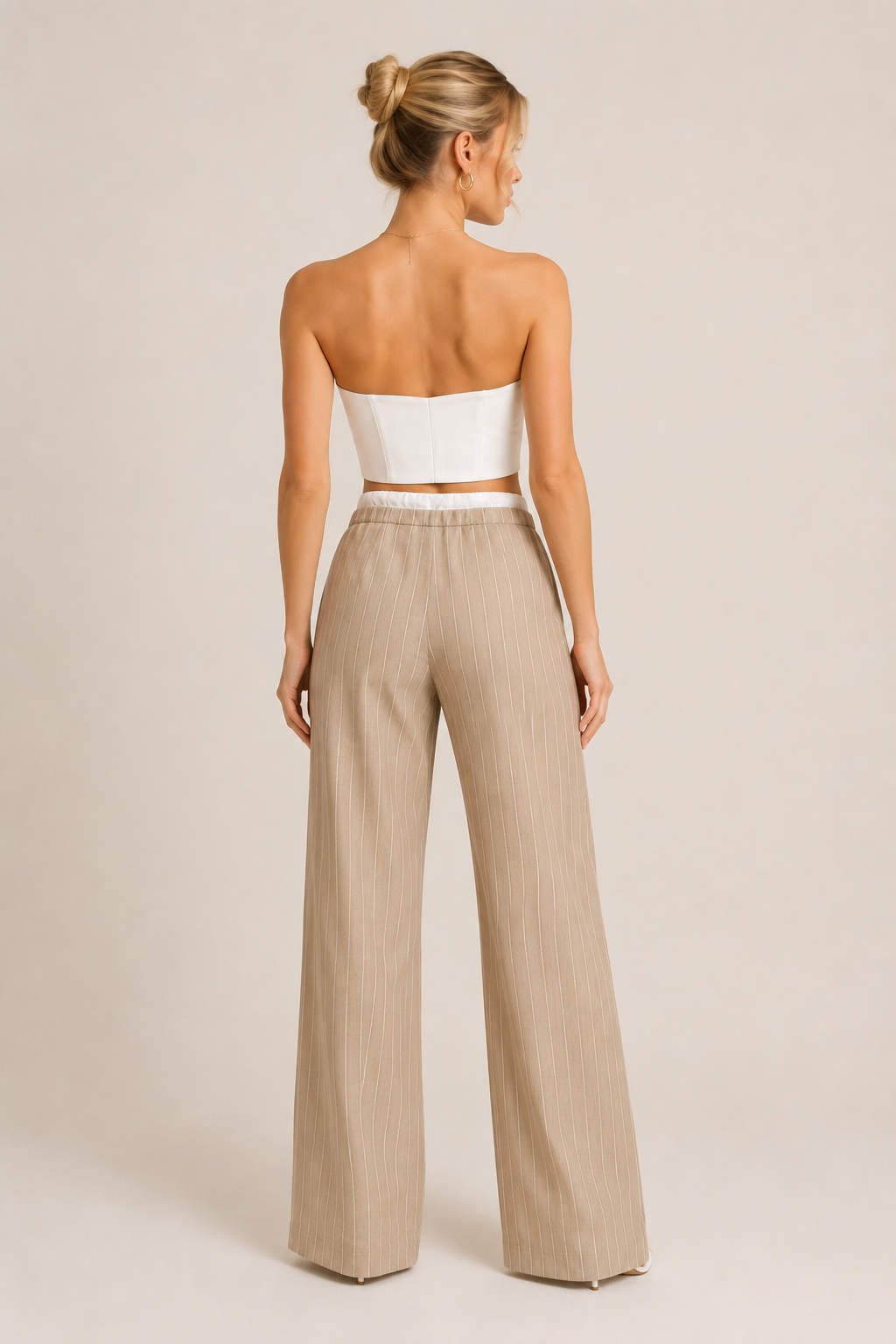 Pantalones Para Mujer De Rayas Cintura Doble W61100 Beige