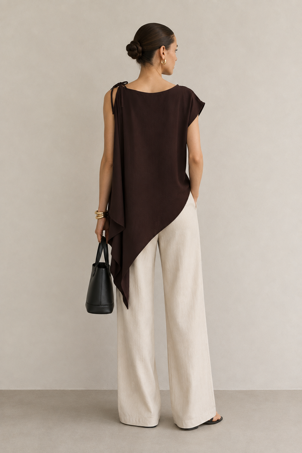 Blusas Para Mujer Asimétrica Con Lazo En Hombro Y Caída Lateral N63137 Café
