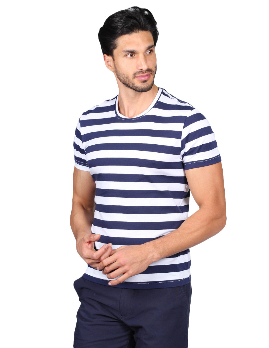 Playeras Para Hombre De Manga Corta Con Estampado De Rayas A41112 Marino
