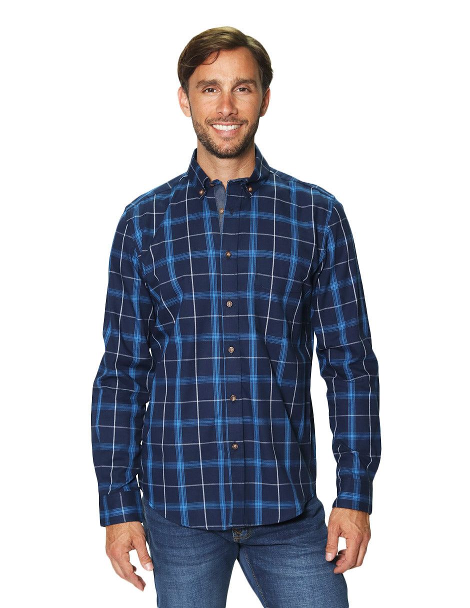 Camisas Para Hombre Manga Larga Estampado Cuadros B45113 Marino