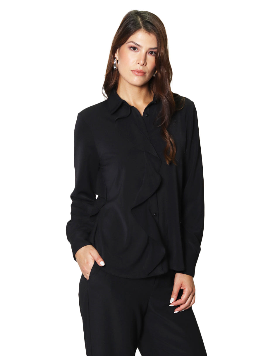 Blusas Para Mujer Camisera Satinada Con Olanes N43122 Negro