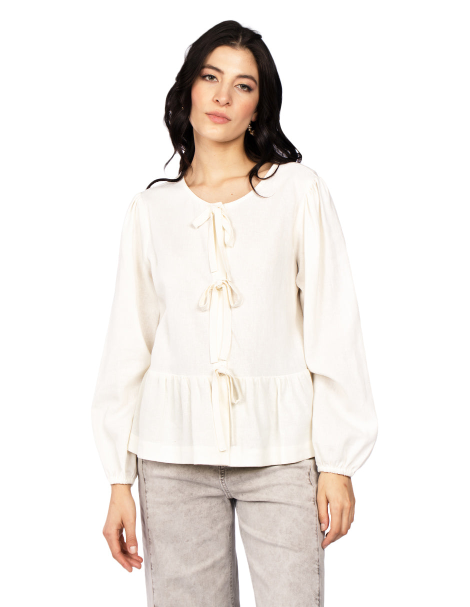 Blusas Para Mujer Tipo Lino Con Moños N51151 Hueso