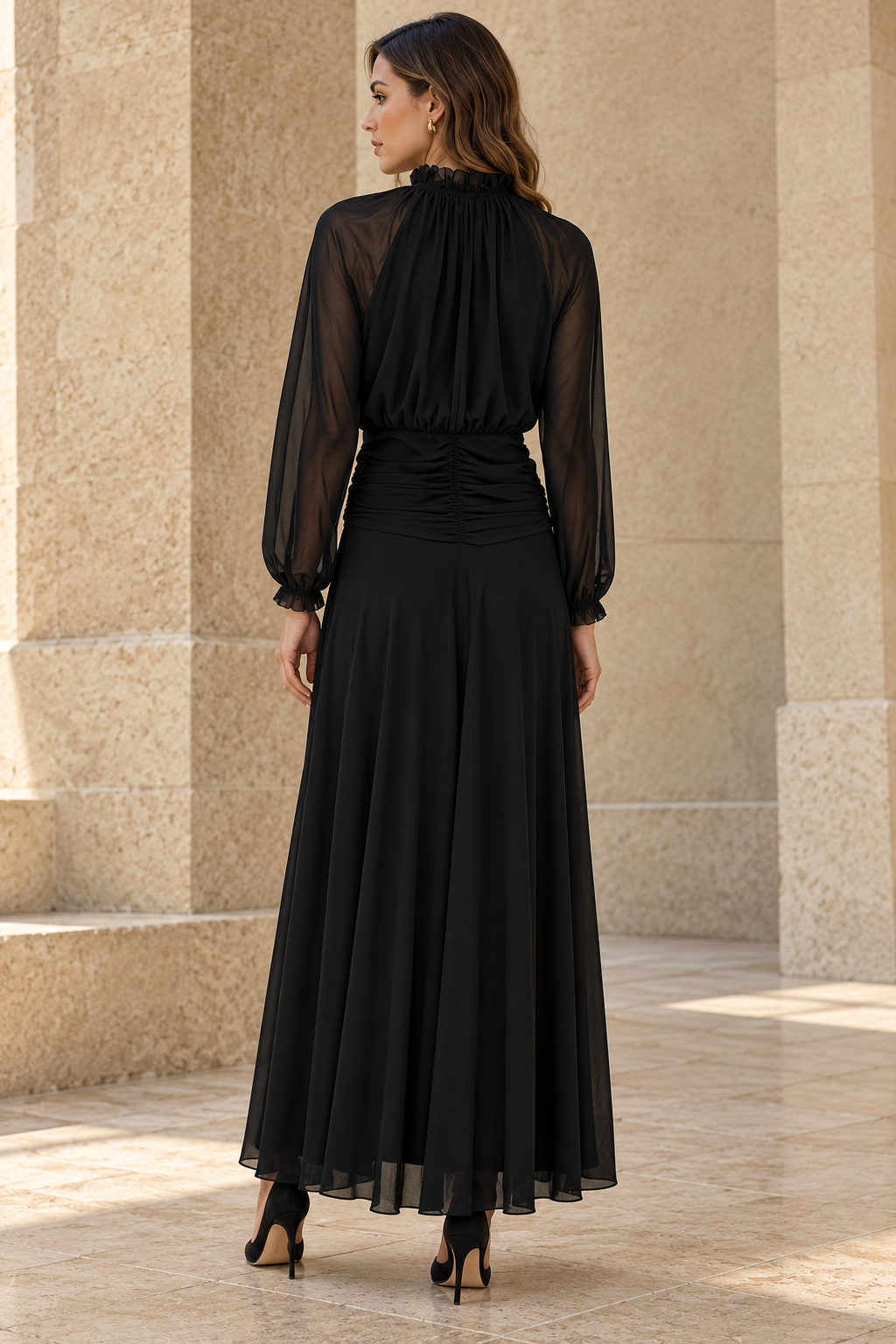 Vestidos Para Mujer Largo De Mesh Con Mangas Cuello Alto Con Listón S63109 Negro