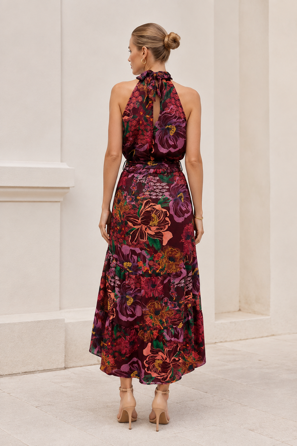 Vestidos Para Mujer Largo Floreado Cuello Halter S63103 Vino