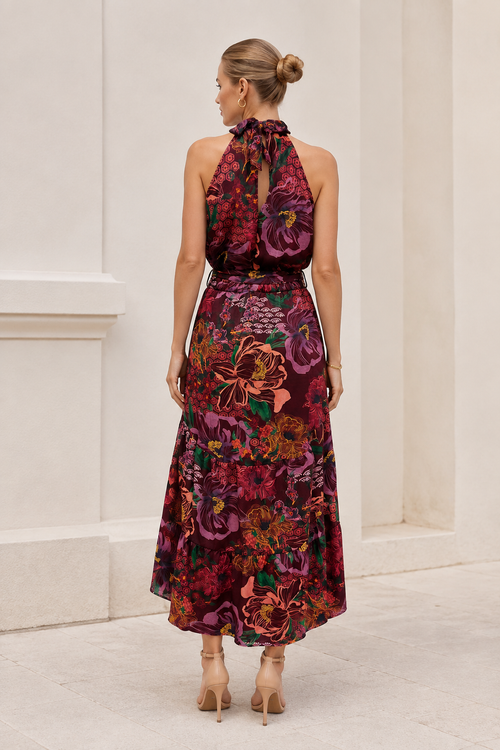 Vestidos Para Mujer Largo Floreado Cuello Halter S63103 Vino