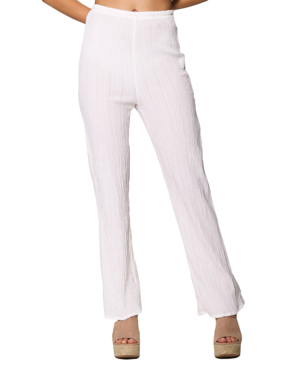 Pantalones Para Mujer Basico Corrugado De Tiro Alto W41142 Hueso