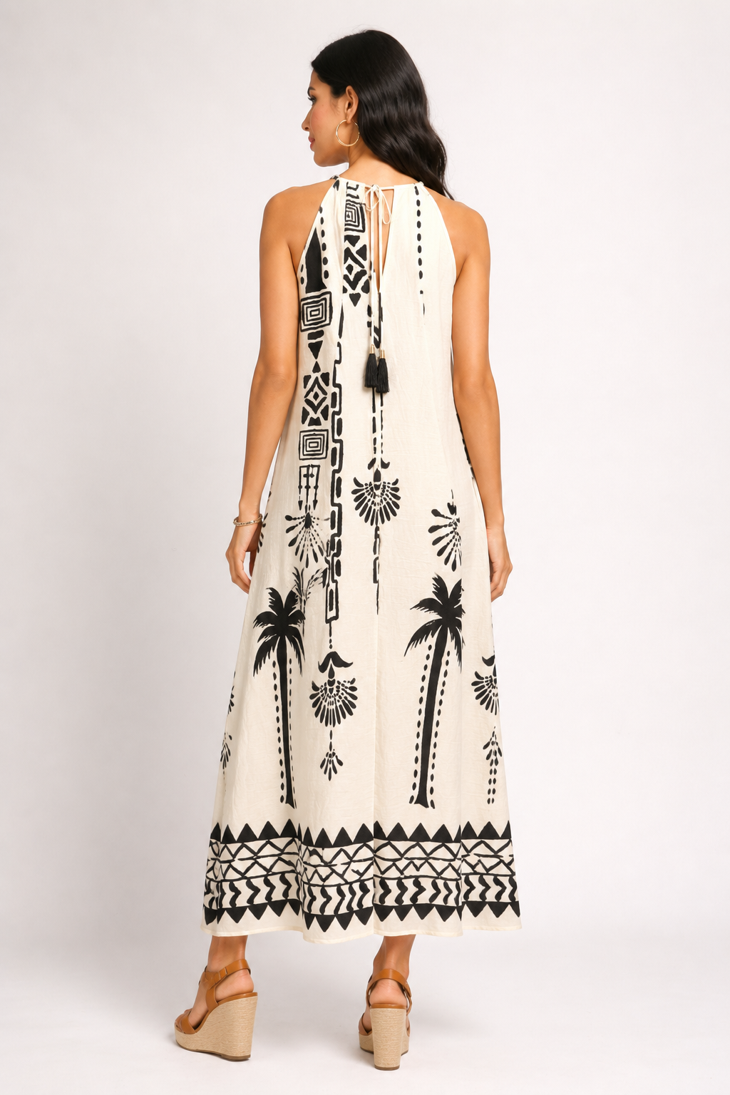 Vestidos Para Mujer Suelto Cuello Halter Zenefa S61125 Hueso/Negro