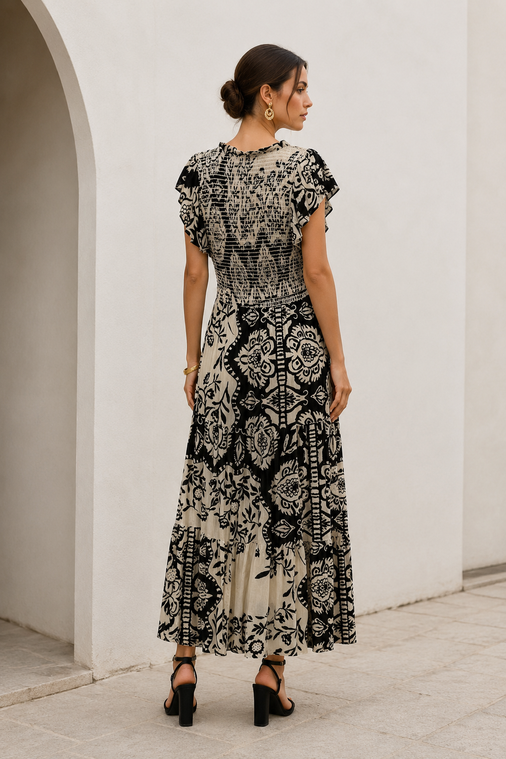Vestidos Para Mujer Largo Floreado con Olanes S63104 Negro/Hueso