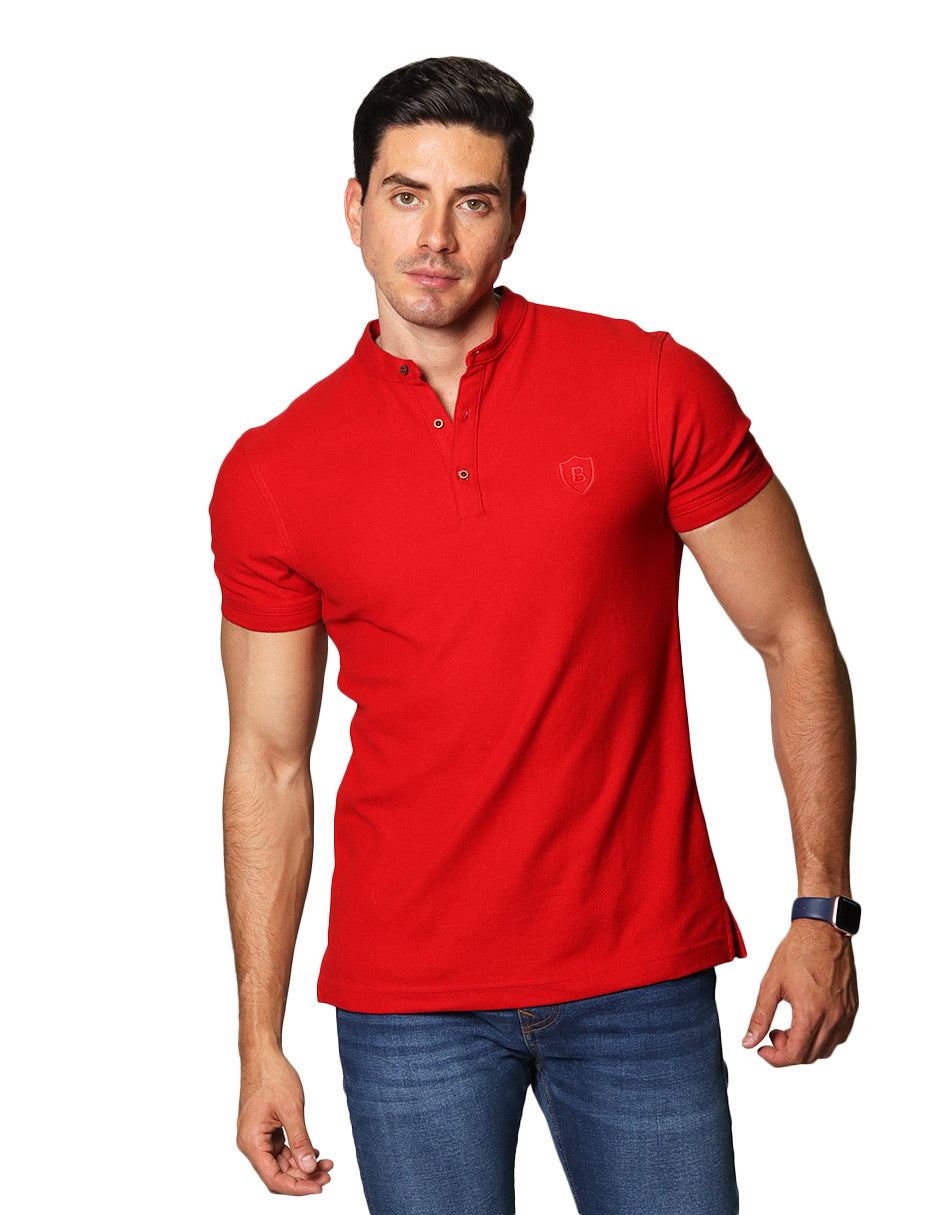 Playeras Polo Para Hombre De Manga Corta Lisa Basica Con Logo Bordado Cuello Mao Slim Fit APCMAB Rojo