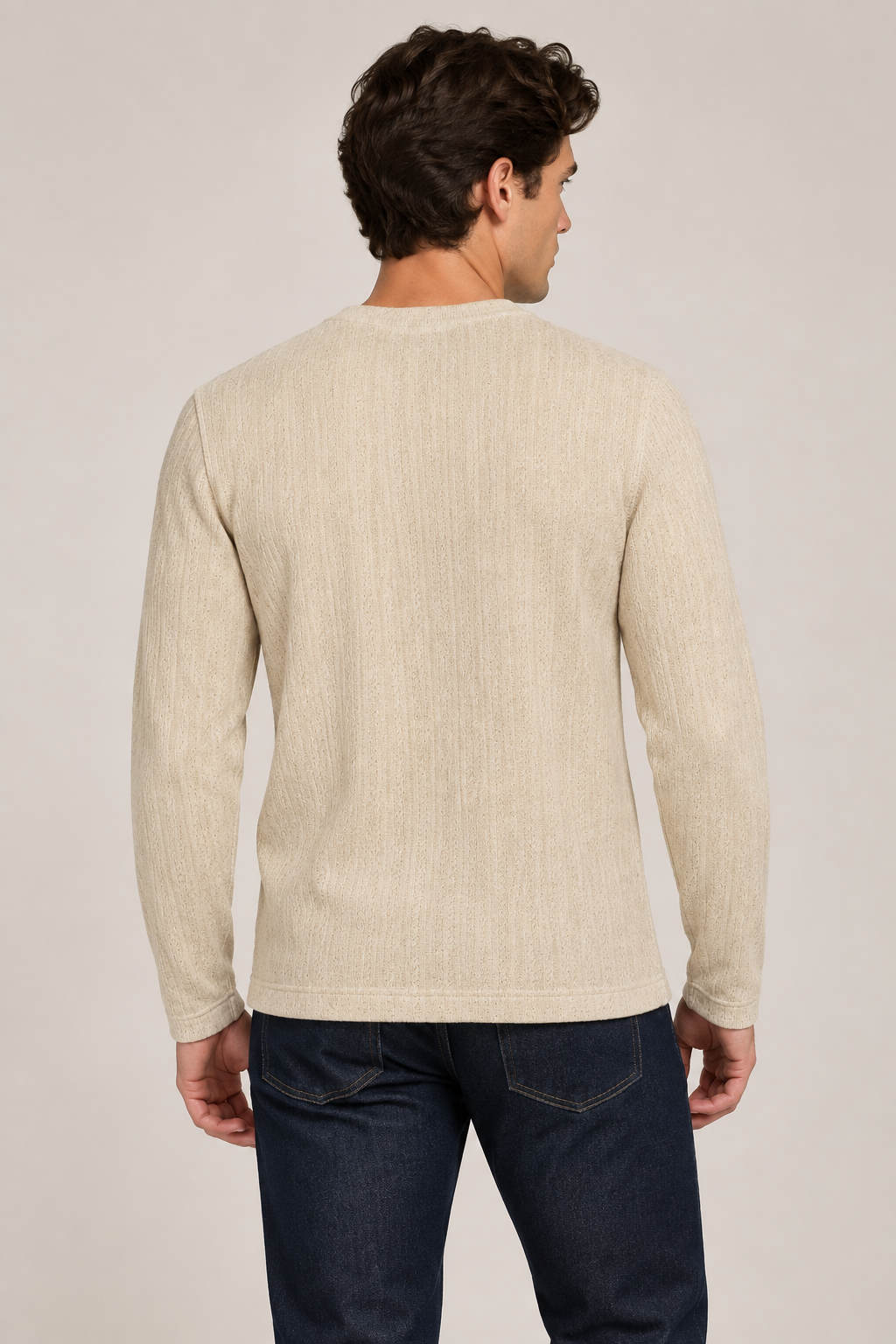 Playeras Para Hombre De Tejido Calado Acanalado Manga Larga A65314 Beige