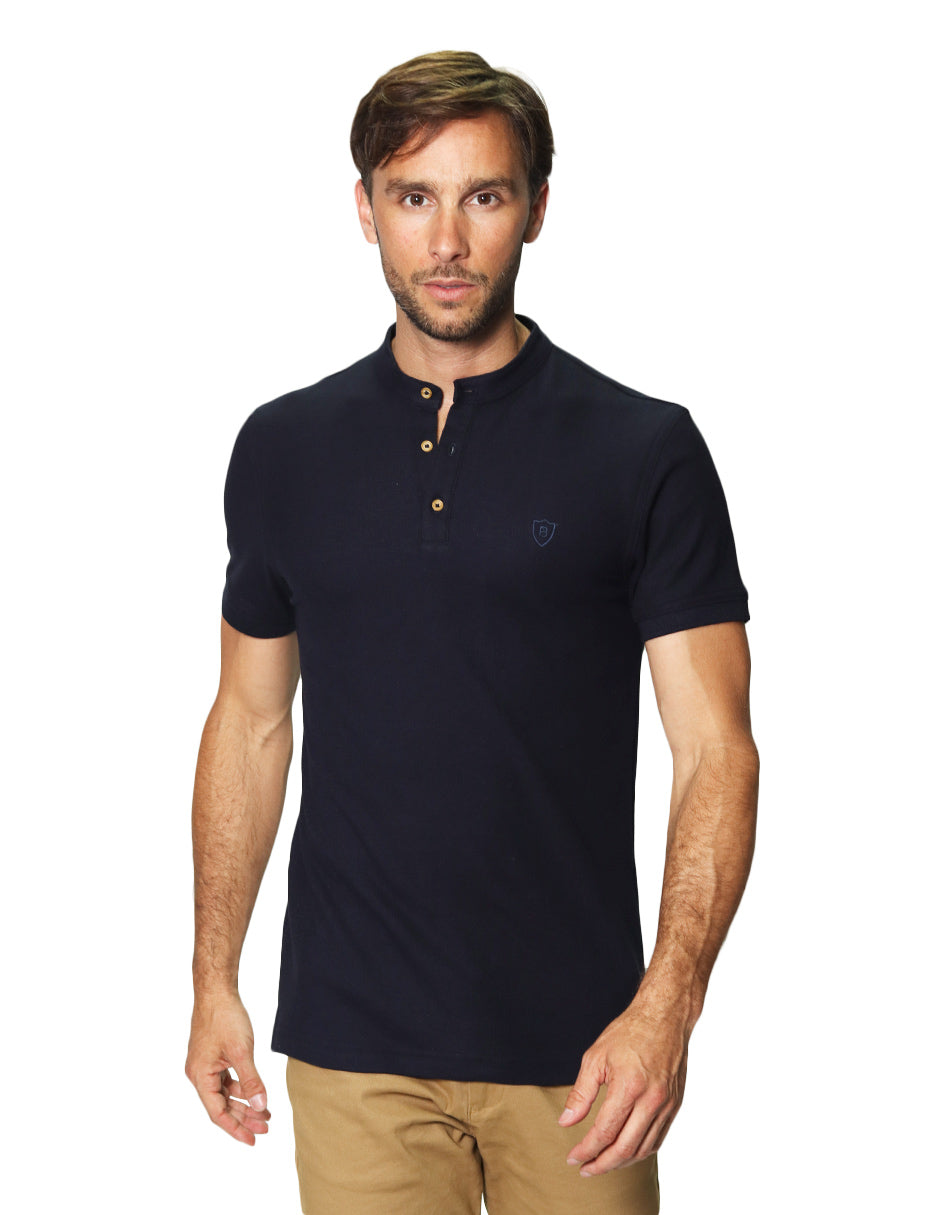 Playeras Polo Para Hombre De Manga Corta Lisa Basica Con Logo Bordado Cuello Mao Slim Fit APCMAB Marino