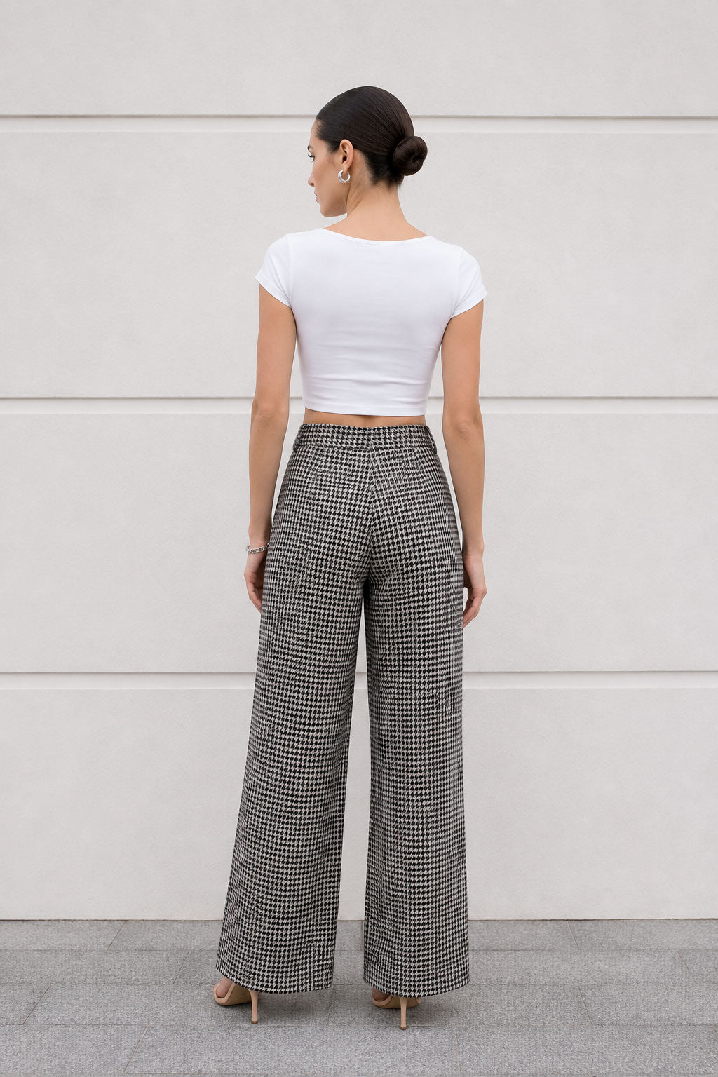 Pantalones Para Mujer Pata De Gallo Con Pinzas W53112 Blanco