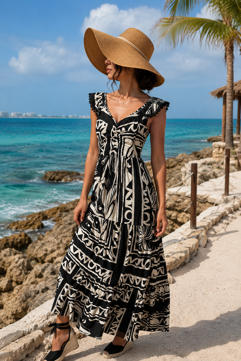 Vestidos Para Mujer Cuello V Largo Con Olanes S61110 Hueso/Negro