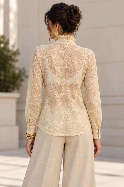Blusas Para Mujer Camisera De Encaje Con Olanes N63105 Crema